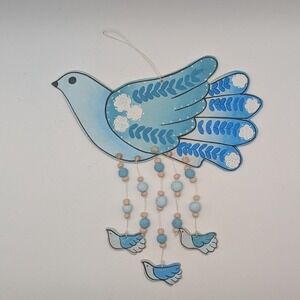 Bolivia Hand Painted Clay Wall Hanging Blue Bird Dove Folk Art Mobile 8.5"x8.25"